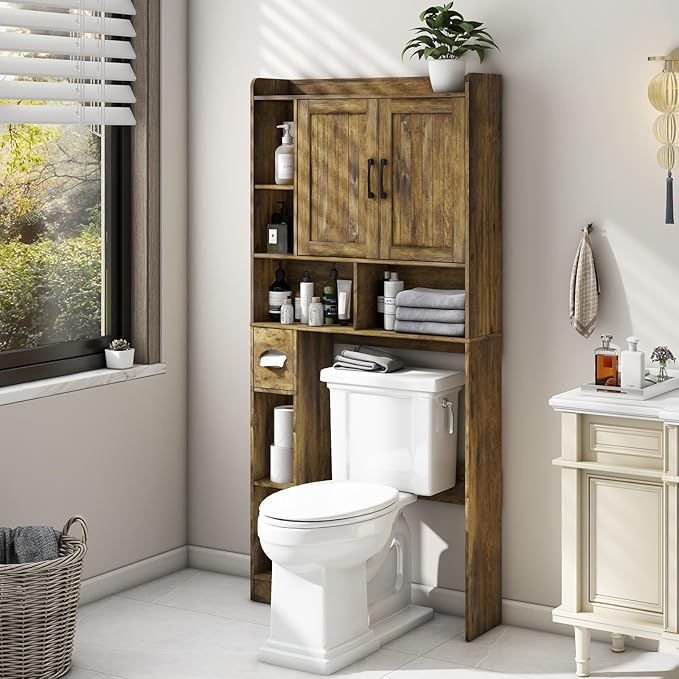 Vabches Over The Toilet Storage Cabinet, Farmhouse Storage Cabinet Over Toilet with Barn Door，Home Space-Saving Toilet Rack for Bathroom, Restroom and Laundry