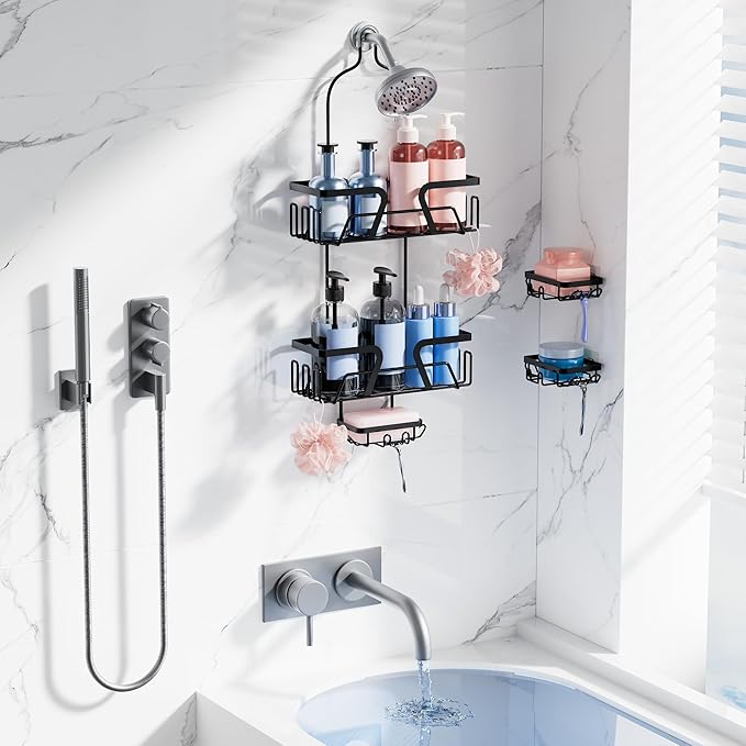 KEGII EXTRA Soap Holders x2 Shower Caddy Hanging, Never Rust Over Showerhead Organizer, Built in 9 Shaver Hanging hooks
