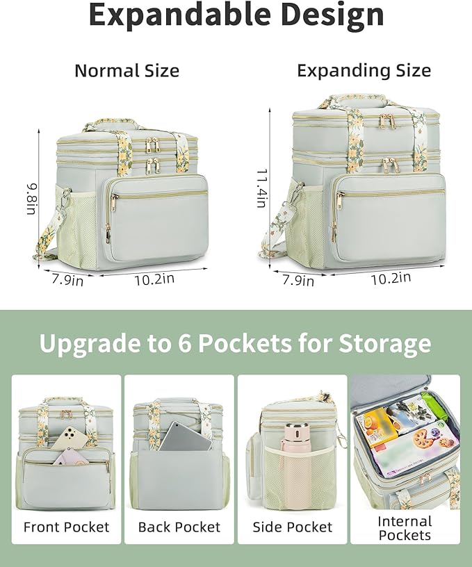 HSHRISH Expandable Lunch Box for Women, Double Deck Large Insulated Lunch Bag Women Leakproof Durable Lunch Cooler Tote Bag, Lightweight Cute Lunchbox for Work Outdoor Travel, Green