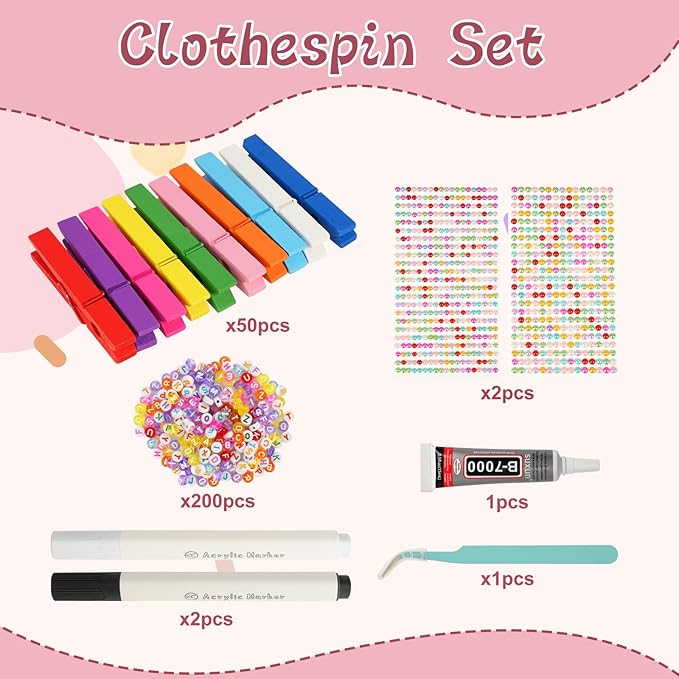 50-Pack Cheer Pins Kits-50pcs 2.9 Inch Wooden Clothespins 10 Colors, 58 Resin Charms, 2 Gem Stickers, 200 Letter Beads for Team Spirit, Classroom Crafts & Cheerleading Accessories with Glue & Tools