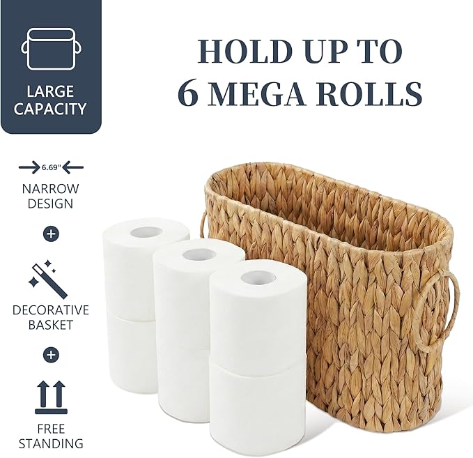 Toilet Paper Storage Basket, Water Hyacinth Toilet Paper Holder for Up to 6 Mega Rolls, Wicker Basket for Bathroom Accessories Organizer, Boho Hand Woven Rattan Decorative Decor, Natural