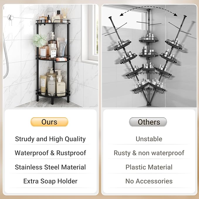 ELYKEN Corner Shower Caddy Standing, 3 Tier Rustproof Metal Shower Organizer with Soap Holder, Floor Shower Corner Shelf Rack Storage Stands with Adjustable Feet & 2 Hooks for Bathroom, Black