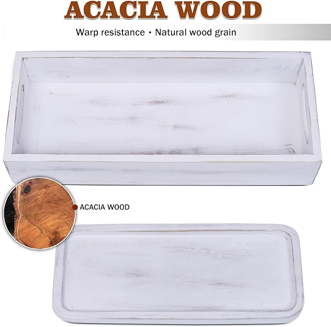 Toilet Tank Tray for Modern White Bathroom Decor Set of 2 Acacia Toilet Tank Topper Paper Storage Decorative Organizer Box Wood Vanity Tray for Counter Decor Dresser Tops (White)