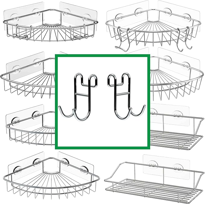 Shower Caddy With Hooks - Razor Holder and Loofah Hanger 2 Pack Silver