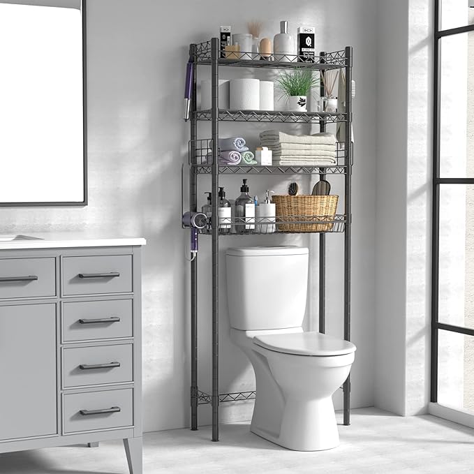 4-Tier Over The Toilet Storage, Adjustable Over Toilet Bathroom Organizer Rack, Freestanding Bathroom Shelves Above Toilet Storage, Sturdy Bathroom Space Saver with Basket and Shelves, Gray