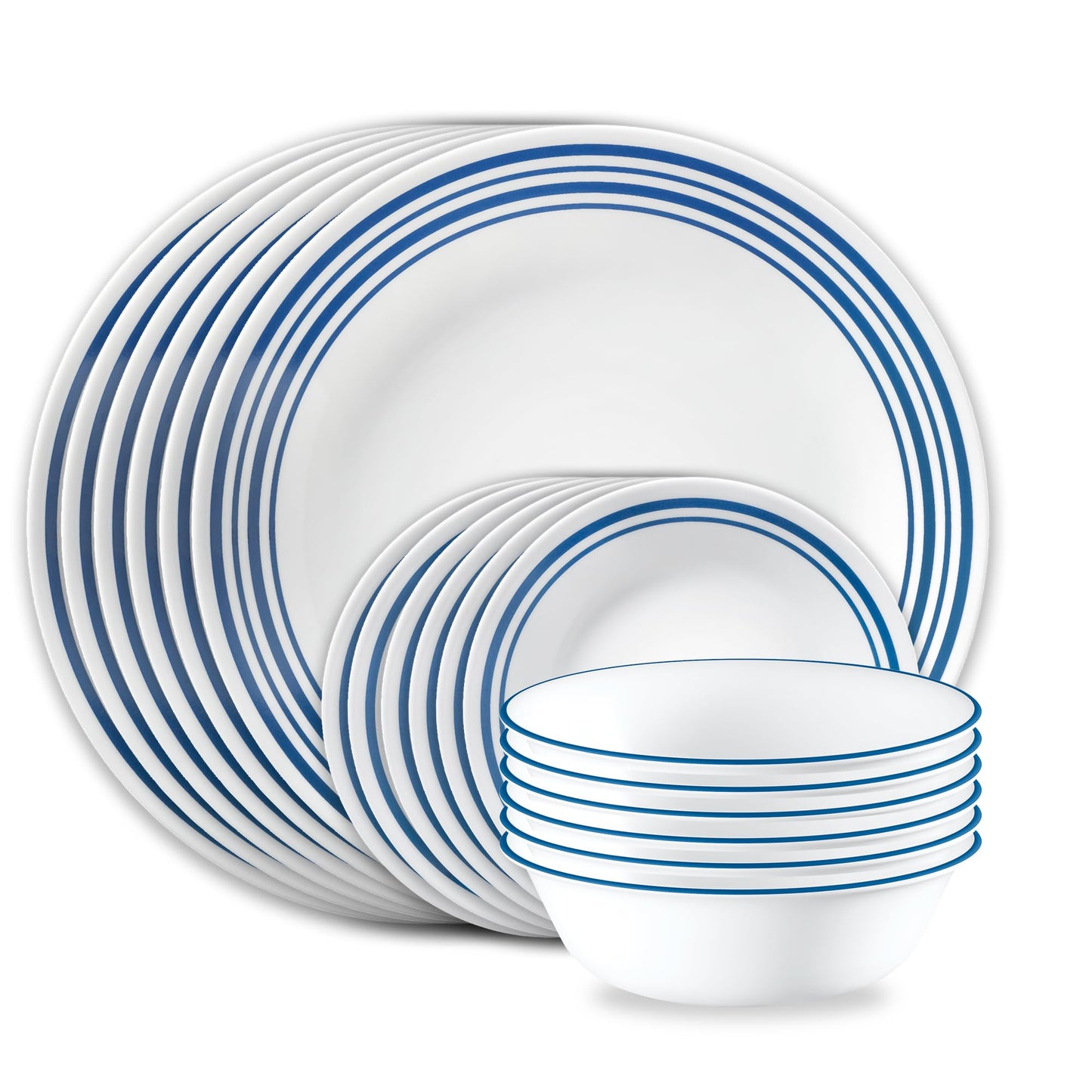 Corelle Vitrelle 18-Piece Service for 6 Dinnerware Set Triple Layer Glass and Chip Resistant, Lightweight Round Plates and Bowls Set, City Block