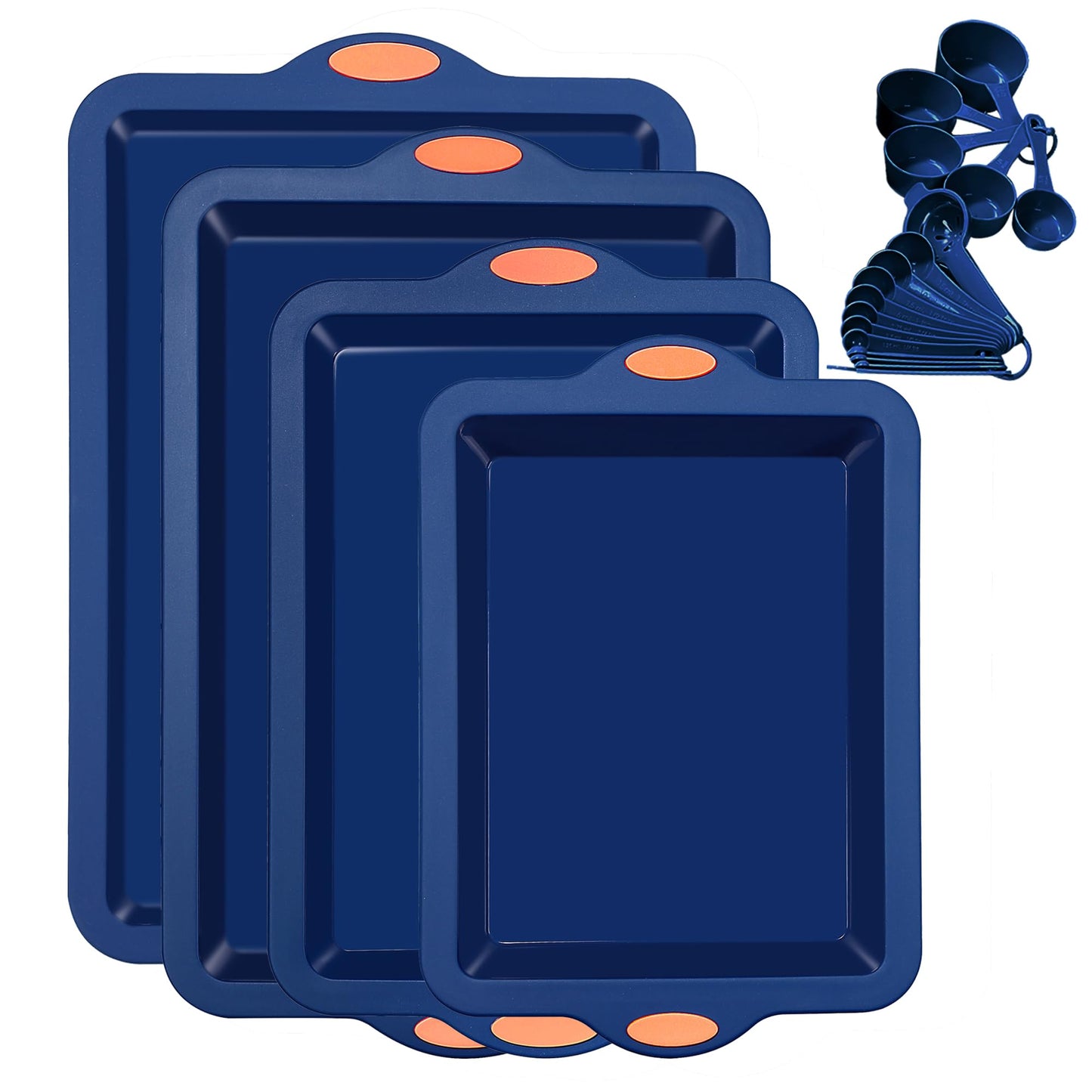 To encounter 8 in 1 Silicone Baking Set - 6 Cake Molds - 2 Silicone Baking Mat, Nonstick Cookie Sheet, Cake Muffin Bread Pan with Grips and Metal Reinforced Frame More Strength, Navy Blue