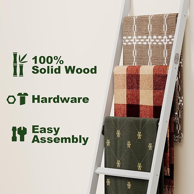 Bamboo Towel Rack 5-Tier Blanket Ladder for Living Room, Bedroom, Bathroom Space-Saving Decorative Ladder for Quilts, Towels and More White