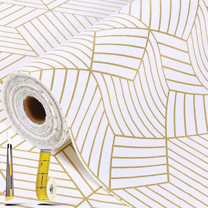 Shelf Liners for Kitchen Cabinets 17.5in x 30FT Non Adhesive Cabinet Liner Strong Non-Slip Thickened Gold Geometric Drawer Liner Easy to Clean for Shelf Cabinet with Knife and Tape Measure