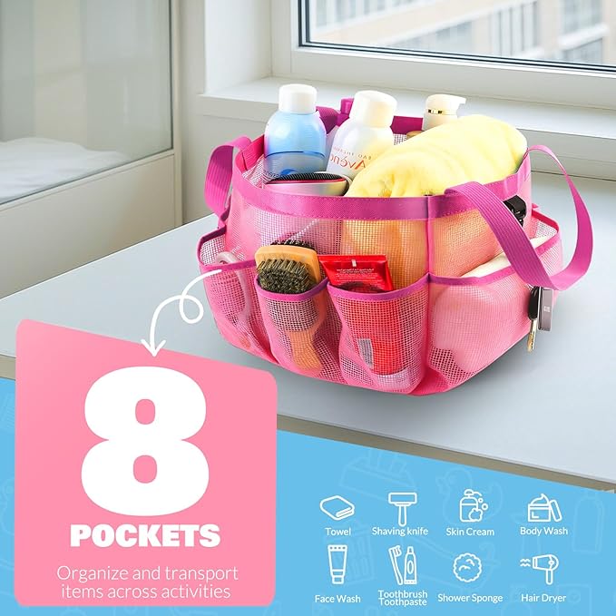 Mesh Shower Caddy Portable for College Dorm Room Essentials with 8 Pockets, Shower Bag for Beach, Swimming, Gym, Travel, Bathroom(All rose pink)