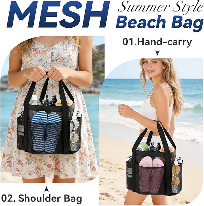 YASONIC Mesh Shower Caddy Portable for Dorm College Room Essentials, 8-Pocket Large Shower Bag with Double Handles, Hanging Shower Basket for Beach, Swimming, Bathroom, Beach, Camp, Gym, Black