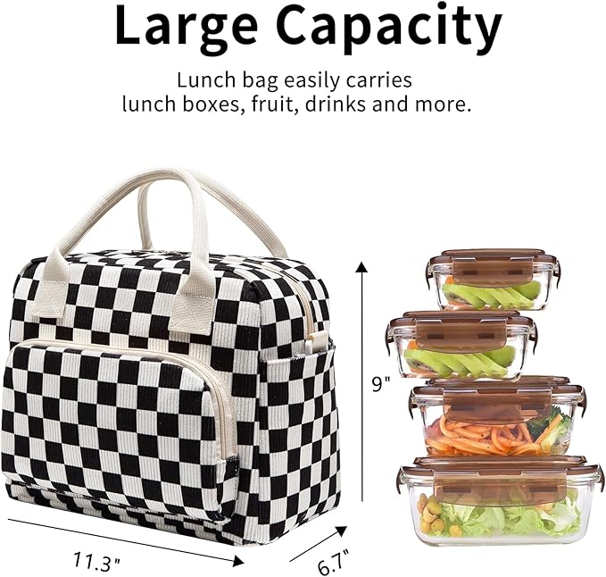Lunch Bag Women Lunch Box for Women Adult Cute Insulated Lunch Bag Lager Cooler Lunch Tote Bags for Work Picnic (Black-White Plaid)