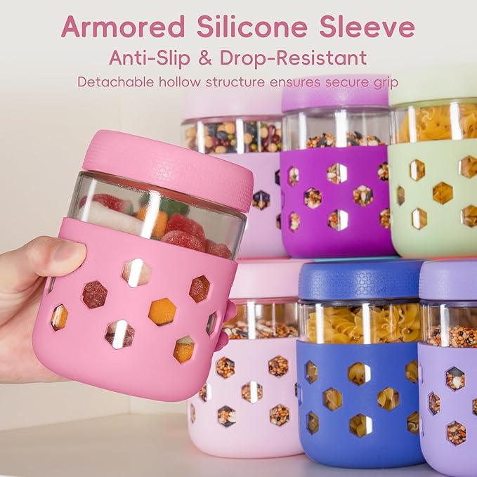 Gemice 6-Pack 16 oz Overnight Oats Containers with Lids and Silicone Sleeves, Glass Mason Jars with Airtight Lid, Dishwasher Safe, Wide Mouth Chia Seed Pudding Meal Prep Jar for Yogurt Berries Snack