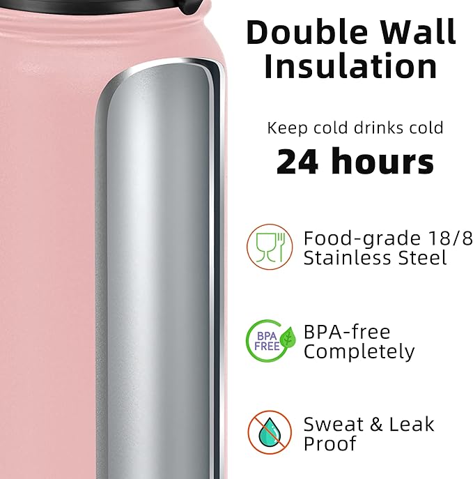 Fanhaw 32 oz Insulated Stainless Steel Water Bottle with Anti-Dust Chug Lid, Leakproof Vacuum Sports Bottle for Men & Women (Pink)