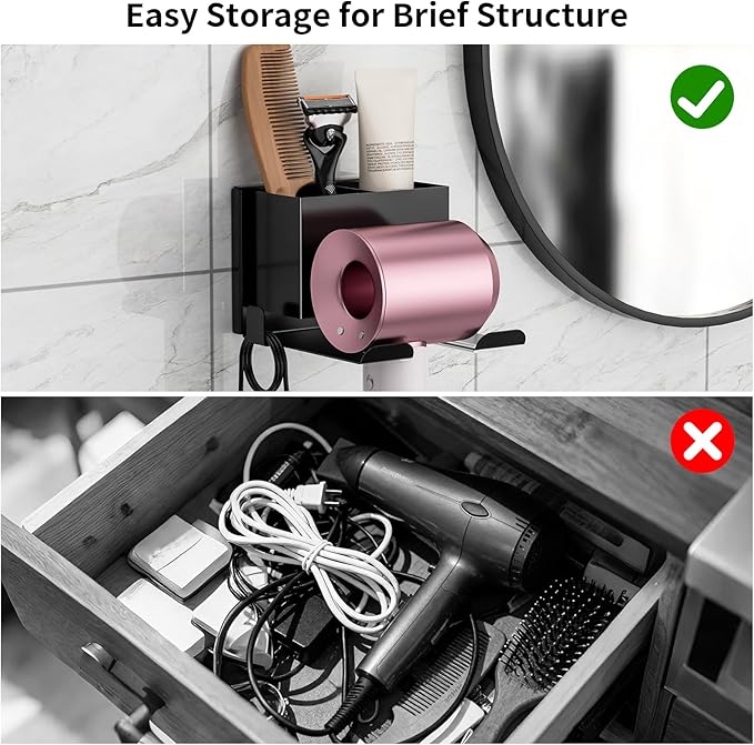 YSD Hair Dryer Holder Wall Mounted, Hair Tool Organizer, Blow Dryer Hanger for Dryer Hook, Bathroom Space-Saving Blow Dryer Organizer, Black Curling Irons Storage