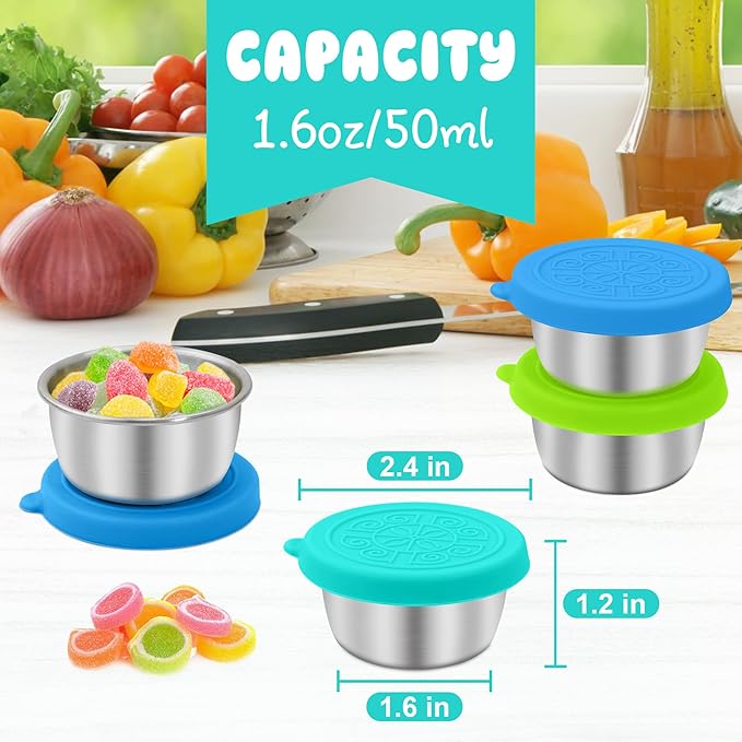 6x1.6 oz Salad Dressing Container to Go, Leakproof Reusable Stainless Steel Small Container with Lid,Sauce Containers for Lunch box,Picnics,Travel,Office and Meal Prep