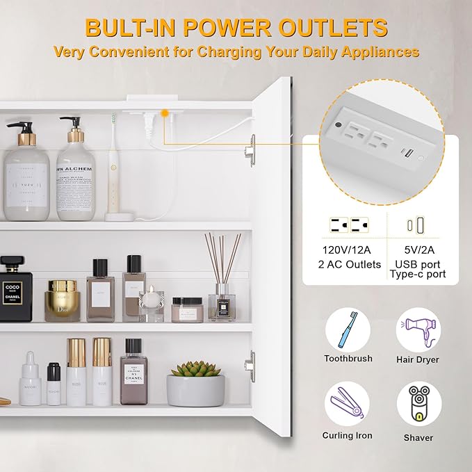 Snughome Bathroom Medicine Cabinet with Mirror and LED Lights, Wall Mount Bathroom Mirror with Storage, Anti-Fog, Built-in Power Outlets, Dimmable 3 Color Temp, Antirust Easy to Install, 31.5" x 23.6"