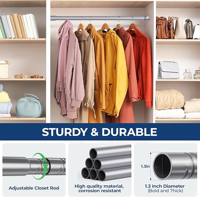 Mavivegue Closet Rod, 17 to 70 Inch Adjustable Closet Rods for Hanging Clothes, Silver Hanging Rod for Closet Wardrobes Laundry RV, Bathroom