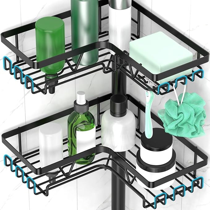 Standing Shower Caddy Corner - 4-Tier Floor Shower Caddy Corner Adjustable Bathroom Organizers and Storage with Soap Holder & Razor, Bathroom Free-Standing Organizer for Large Bottles