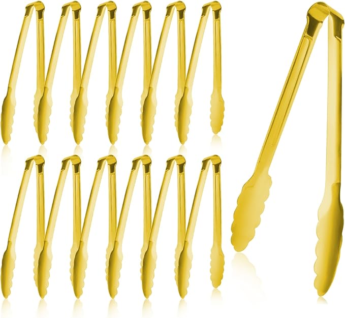 Gold Tongs for Serving Food, XEVOM 12 Pack, 9-Inch Stainless Steel