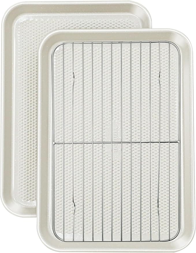 Ymiton 2-Pack 9x13 Quarter Sheet Pan Baking Sheet Set with Wire Rack - Nonstick 0.8mm Carbon Steel, Cookie Sheets for Baking, Non-Toxic, Dishwasher Safe, Oven Safe 450°F (External 9.5x13.6)