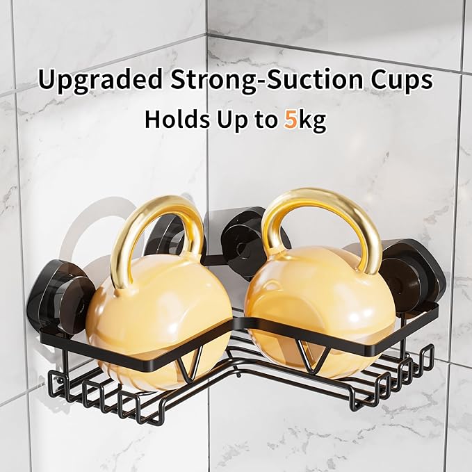 KEGII Corner Shower Caddy Suction Cup, Corner Shower Shelves with Soap Holder, No Drilling Suction Cup Bathroom Organizer with Hooks, Removable Bathroom Storage Rack, 3 Pack - Black