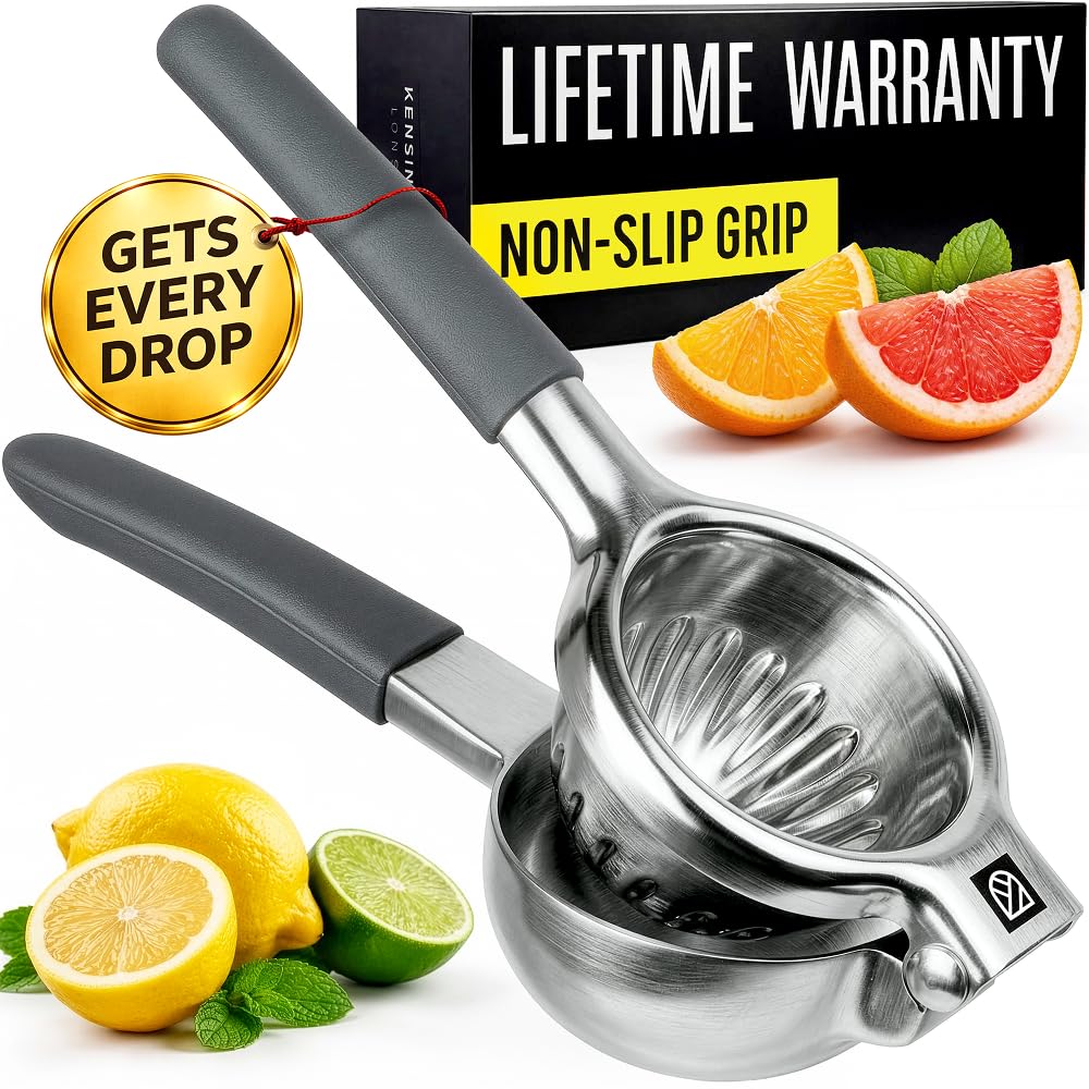 Stainless Steel Lemon Squeezer Press - No Seeds, Pro-Grade, Effortlessly Get Every Drop - Manual Non-Slip Grip Design - Lemon Lime Squeezer, Orange, and Citrus Fruit Hand Held Lemon Juicer Squeezer