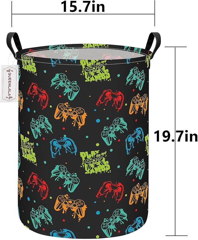 QUEENLALA Large Storage Basket,Laundry Hamper/Bathroom/Home Decor/Collapsible Round Storage Bin,Boys and Girls Hamper/Boxes/Clothing(Round-Black Game)