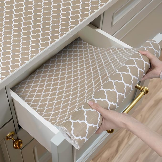 Shelf and Drawer Liner for Kitchen Cabinets Non-Adhesive, Strong Grip Non-Slip Thickened Cabinet Liners for Shelves, Waterproof Mats for Dresser Cupboard, Beige, 17 in x 30 Feet