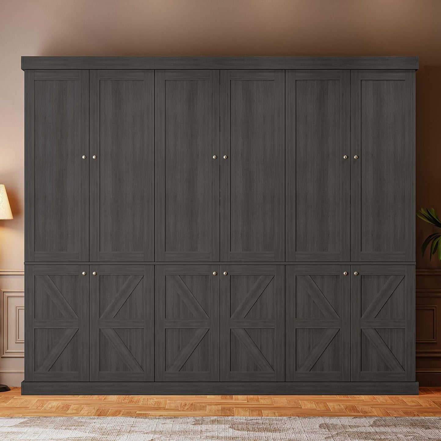 ivaniti 70.8" Tall Bookshelf with Doors, Farmhouse Modular Bookcase with 4-Tier Adjustable Shelves, Large Storage Cabinet for Home Office, Living Room, Brown, Set of 2