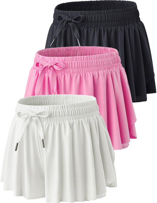3 Pack Womens Flowy Running Shorts, 2-in-1 Butterfly Skirts with Shorts Underneath Spandex Athletic Casual Gym Workout Lounge (Set 2, Medium)