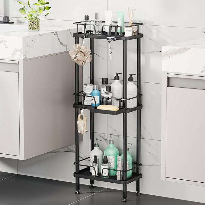 HapiRm Standing Corner Shower Caddy - 3 Tier Corner Shower Organizer with Soap Holder, Rustproof Stainless Steel Bathroom Shelf with 4 Hooks, Black