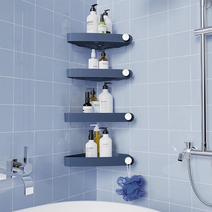 Sotfamily Plastic Shower Caddy Corner (For 90° Only), 4 Pack Adhesive Corner Shower Shelves for Bathroom Organizers and Storage, Navy