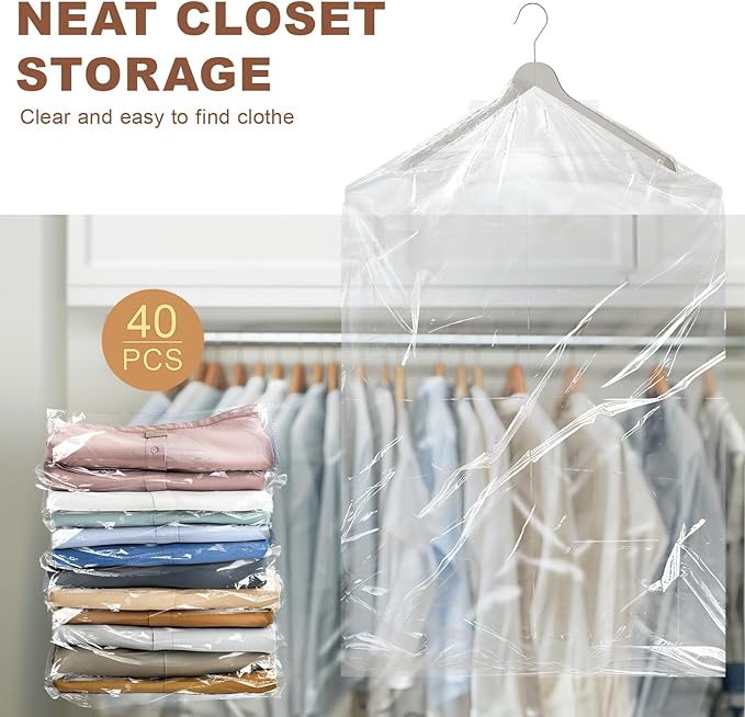 Gretchin 40 Pack Garment Bags - Set of 40, 60x90cm Plastic Dry Cleaning Bags for Hanging Clothes Storage