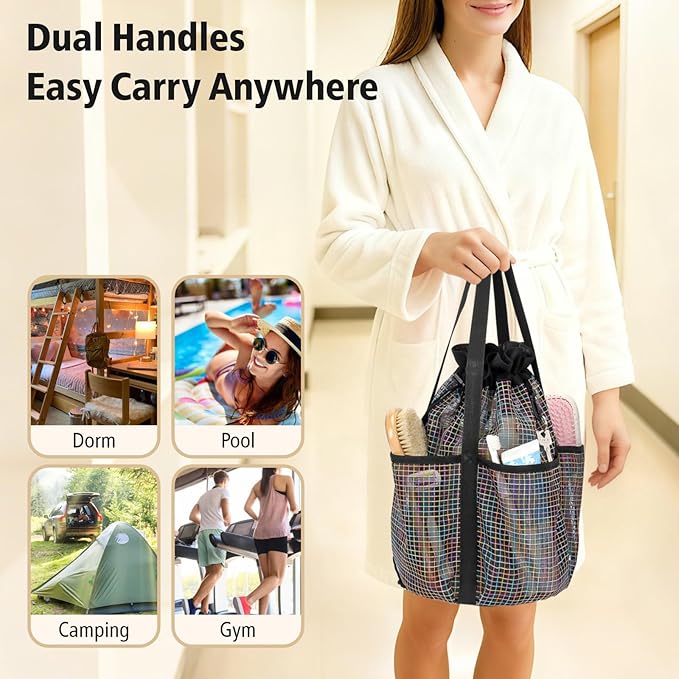 F-color Mesh Shower Caddy Portable with Drawstring - Tall 5 Pockets Dorm Room Essentials for Guys Girls with S Hook, Shower Bag Basket Tote for College Camping Travel Toiletry Bathroom, Black Grid