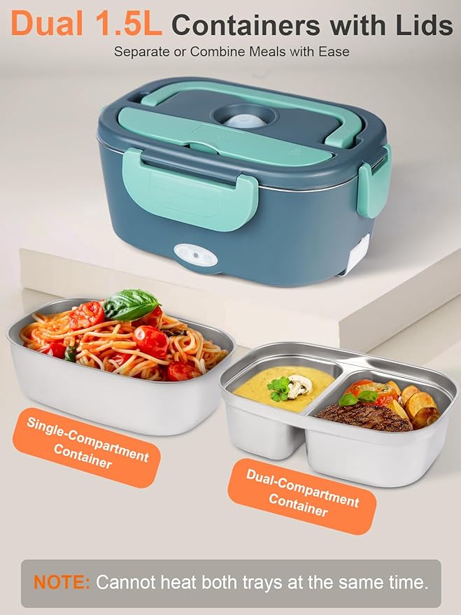 Electric-Lunch-Box-Heated-Food Warmer, 80W Heating Lunchbox for Adults, 2 Pack 1.5L Stainless Steel Containers, 12/24/110V Portable Warmer for Work/Car Lonchera Eléctrica Portátil (Green)