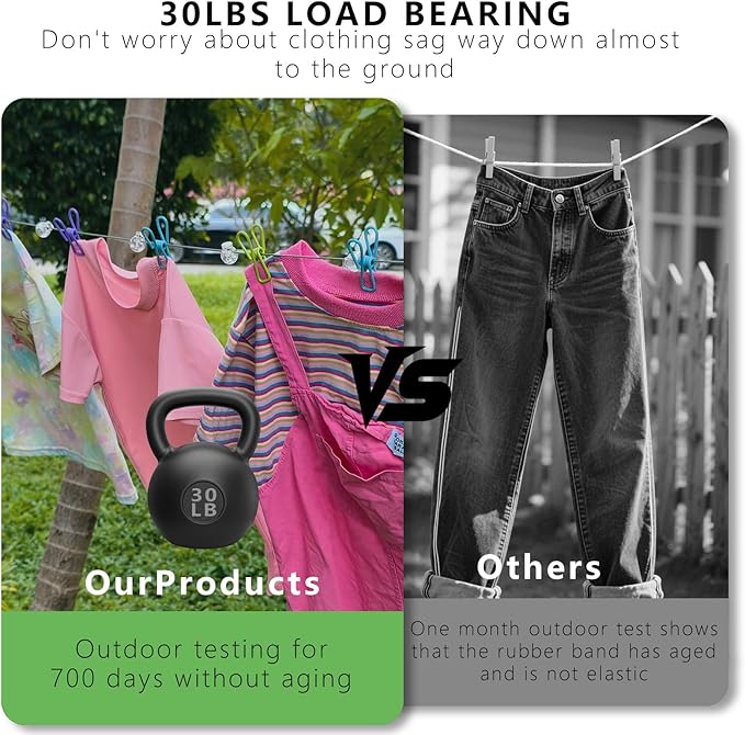 Travel Clothesline Length 9.8Ft with 12 Clothespins, Wire Rope Adjustable Length, Indoor Clothesline, Outdoor Camping Accessories