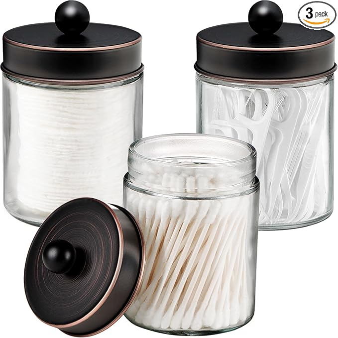 Apothecary Jar Canisters Bathroom Vanity Organizer - Qtip Holder Storage Organizer Countertop -Stainless Steel Lids &Cute Stickers for Qtips,Cotton Swabs,Makeup Sponges,Floss(3 Pack) (ORB)