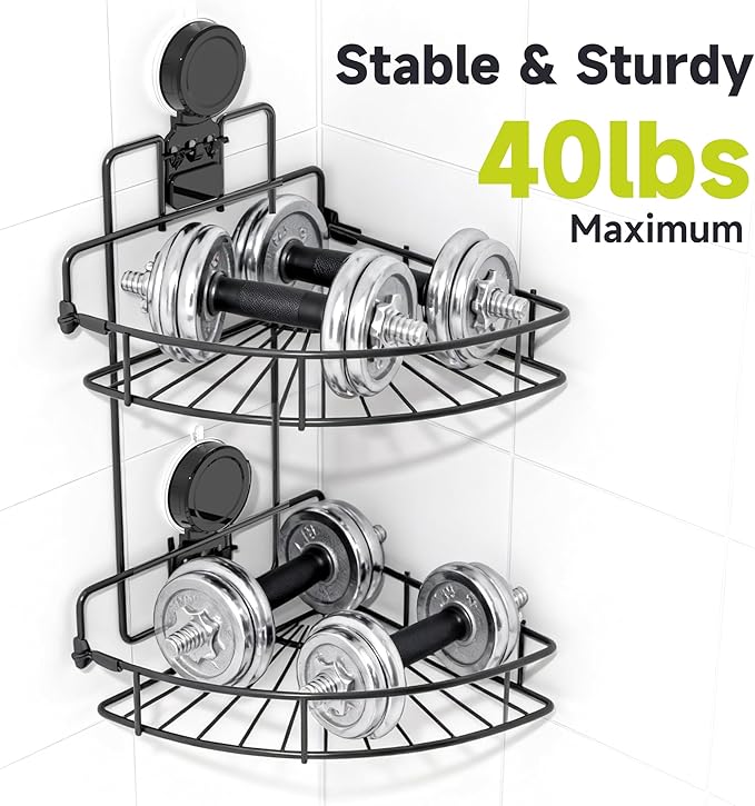 Shower Caddy Suction Cup, 2 Pack Suction Shower Shelf, NO-Drilling Bathroom Holder, Rustproof Bathroom Organizer for 90° Wall Corner, Black