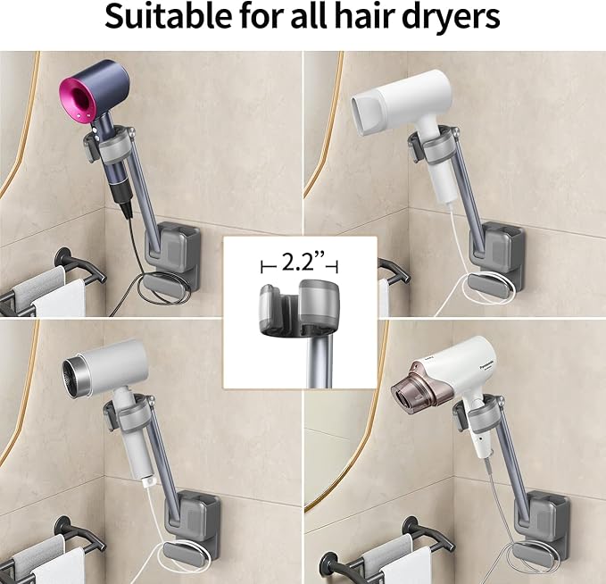 Hands Free Hair Dryer Holder Wall Mount, Adjustable Bathroom Blower Dryer Holder Wall Mounted Hook Rack, Vanity Cabinet Door Hanger Storage, Suitable for Most Walls, Hair Dryers, with Cord Organizer
