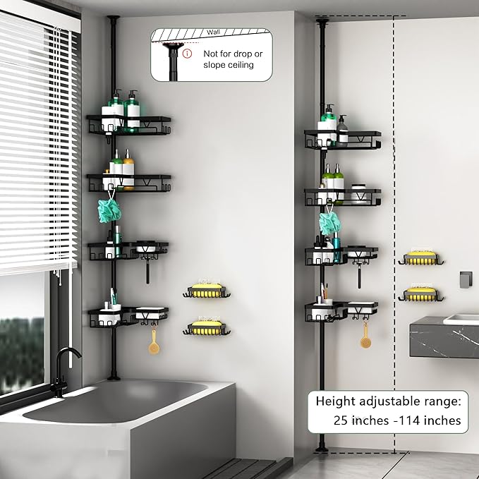 Tension Pole Shower Caddy Corner with 2 Soap Holders, 4 Tier Bathroom Shower Organizer Floor to Ceiling 25-114 inch, Adjustable, Multiple Hooks, Stable Base, Rustproof, Black