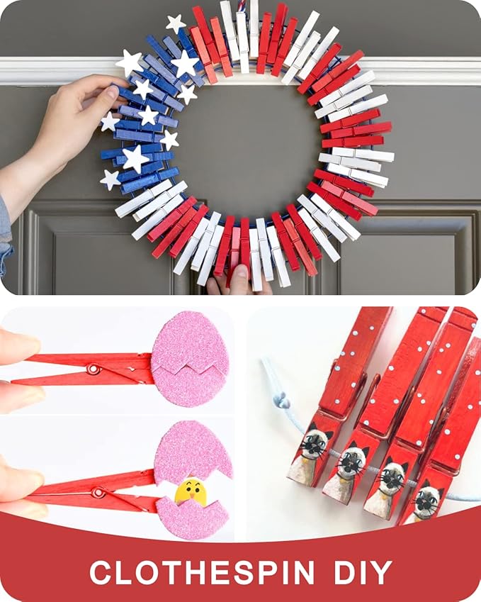 Clothes Pins, Red Colored Wooden Clothespins for Arts and Crafts, Wreath, Strong Grip Close Pins Birchwood Clips Clothespin Clothing Pegs for Hanging Baby Clothing Photos, 2.83 Inch, Pack of 50