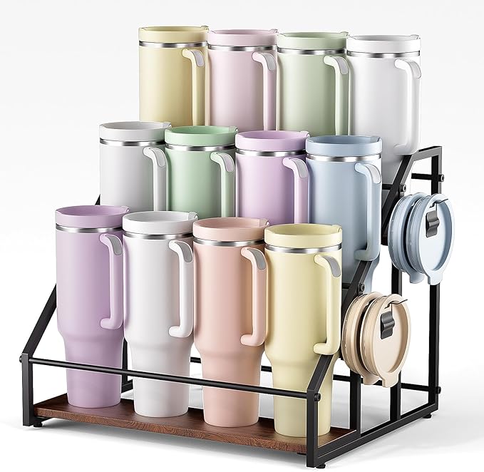2-Tier Stanley Cup Holder for 8 Tumblers, Lid Organizer, Natural Wood