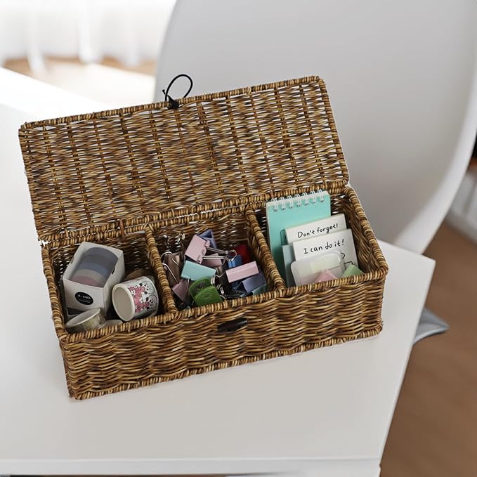 Waterproof Wicker Storage Basket with Lid, Rectangular Tank Woven Baskets with Sections, Decorative Box for Snack Toys Bathroom (Brown)