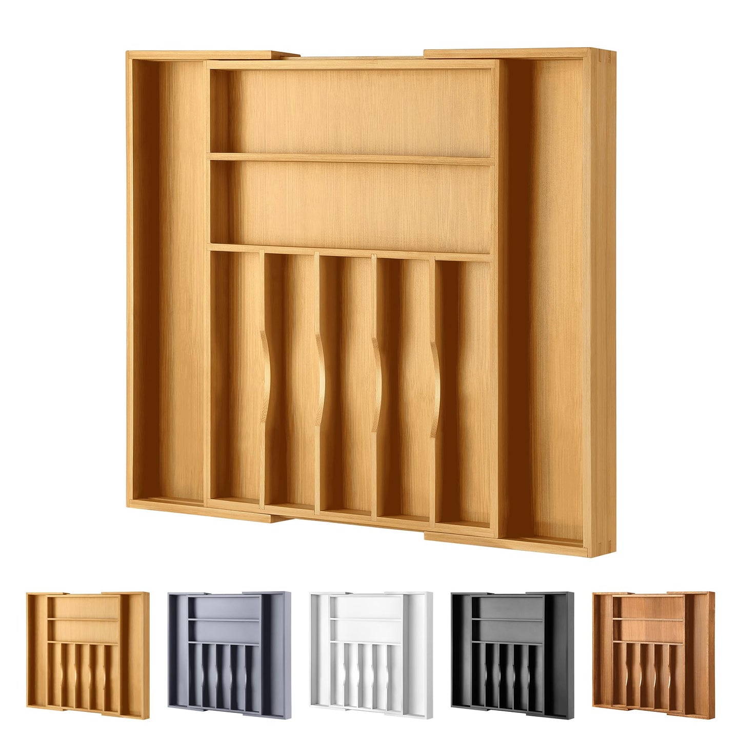 oridom Expandable Bamboo Kitchen Drawer Organizer for Cutlery and Utensils, Adjustable Bamboo Wood Cutlery Tray in Drawer for Flatware and Silverware in Kitchen, (White)