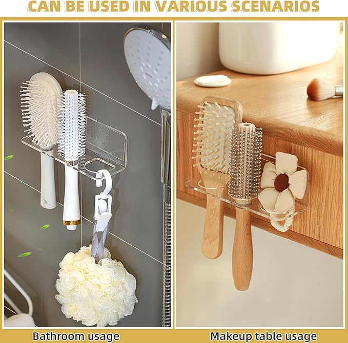 Acrylic Hair Brush Holder for Bathroom Adhesive Hair Tool Organizer Wall Mounted Comb Holder Organizer with 3 Holes Diameter 1.34 to 1.57 In,Remove Film Before Use(transparent)