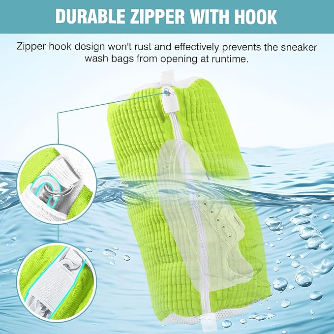 Shoe Washing Machine Bag, Shoe Laundry Bag for Washer and Dryer, Include Dry Net Bag, Reusable and Durable Zipper with Hook Design, Shoe Washing Bag for Sneaker (Green, 1 Pack)