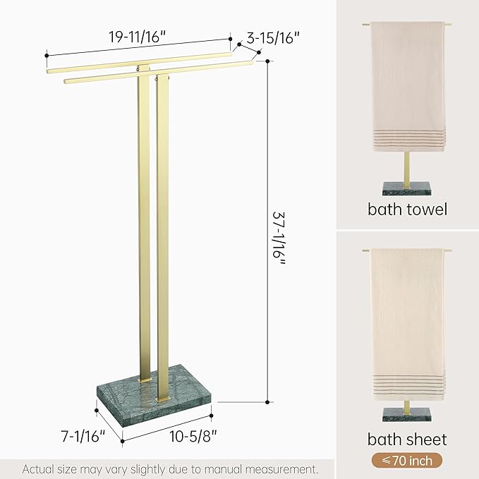 KES Standing Towel Rack with Green Natural Marble Base, 37" Equal-Height Bath Towel Holder Stand for Bathroom Floor, Fits Large Bath Towel, 18/8 Stainless Steel Brushed Gold, BTH229-GBZ