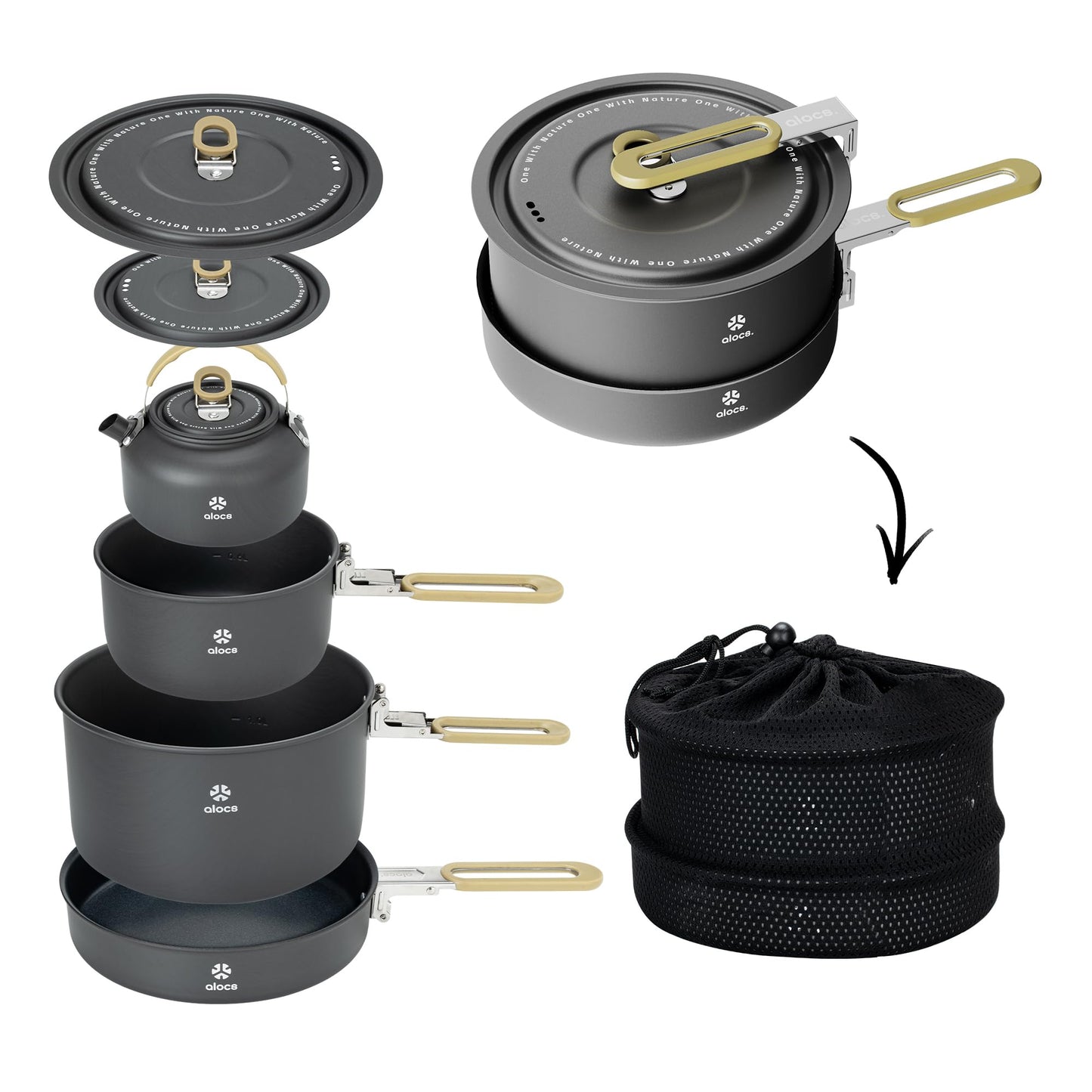 ALOCS Camping Cookware Portable Non-Stick Mess Kit with Foldable Handle