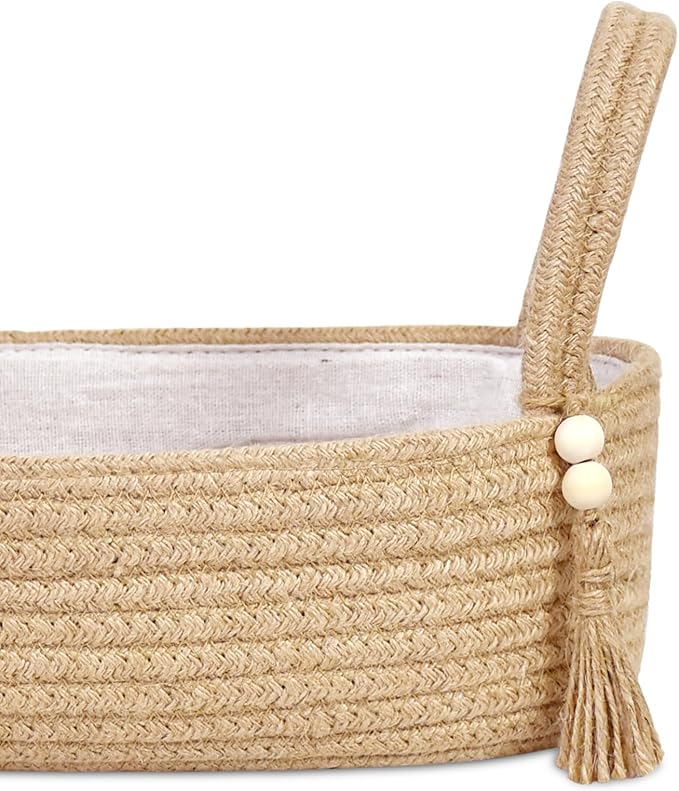 ABenkle Jute Rope Boho Storage Basket, Small Woven Bathroom Organizer, Decorative Toilet Paper Holder for Back of Tank, Hand Towel Caddy, Home Office Desk Decor, Gift Basket-16x6x4 Inch